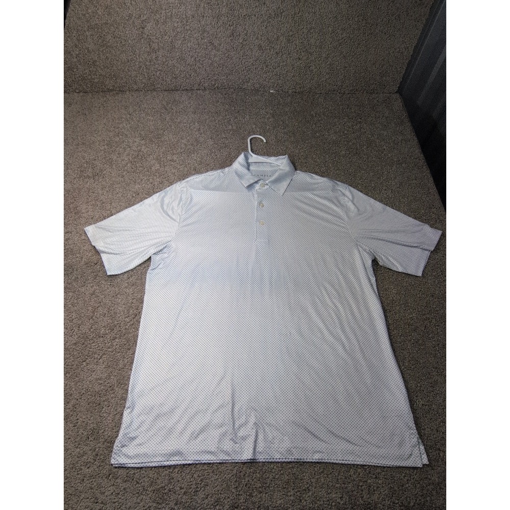 Campia Mens Polo Shirt Large White Blue Micro Dot Short Sleeve Performance